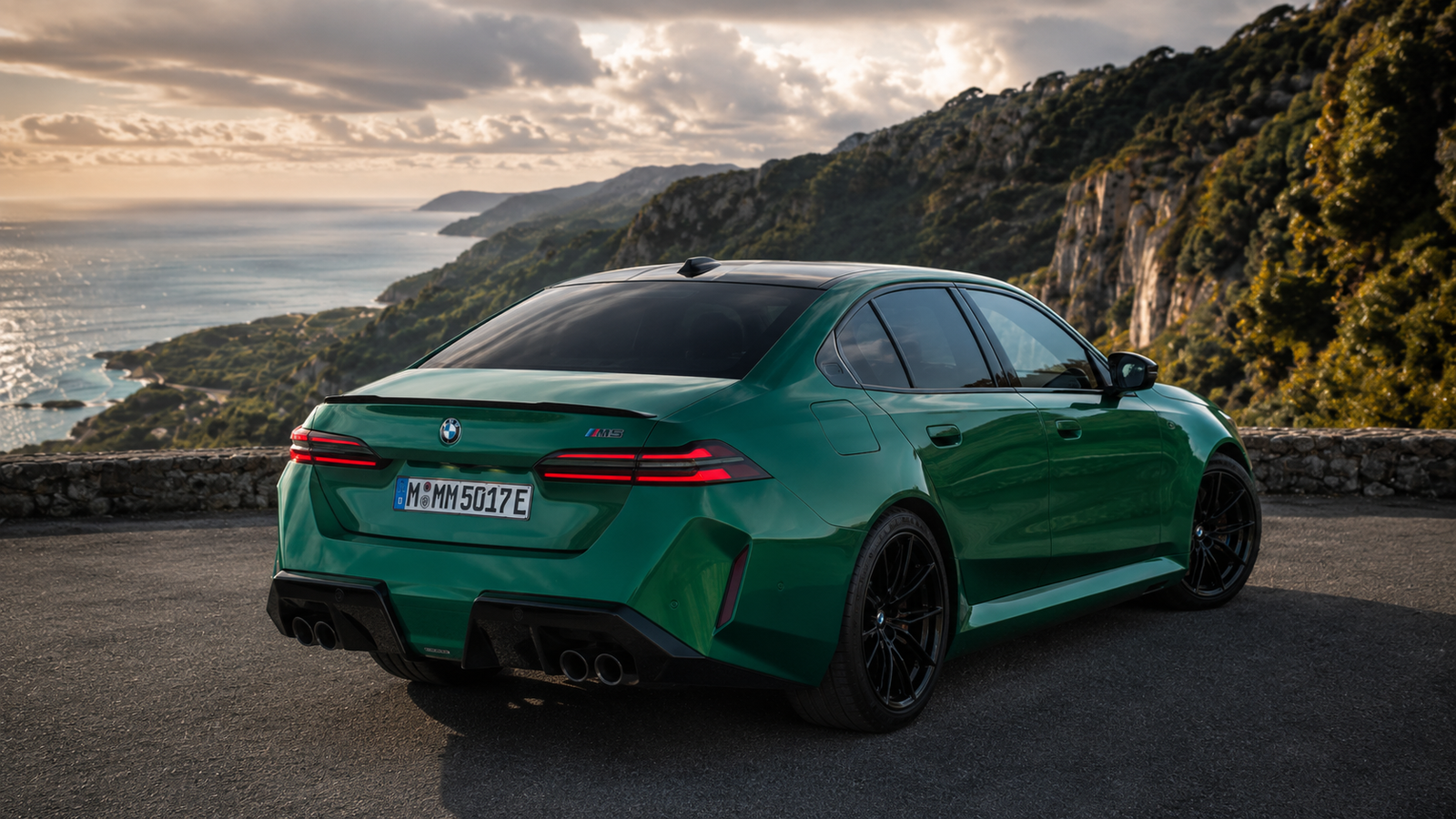 BMW M5 2026 rear exterior with quad exhaust and aggressive diffuser